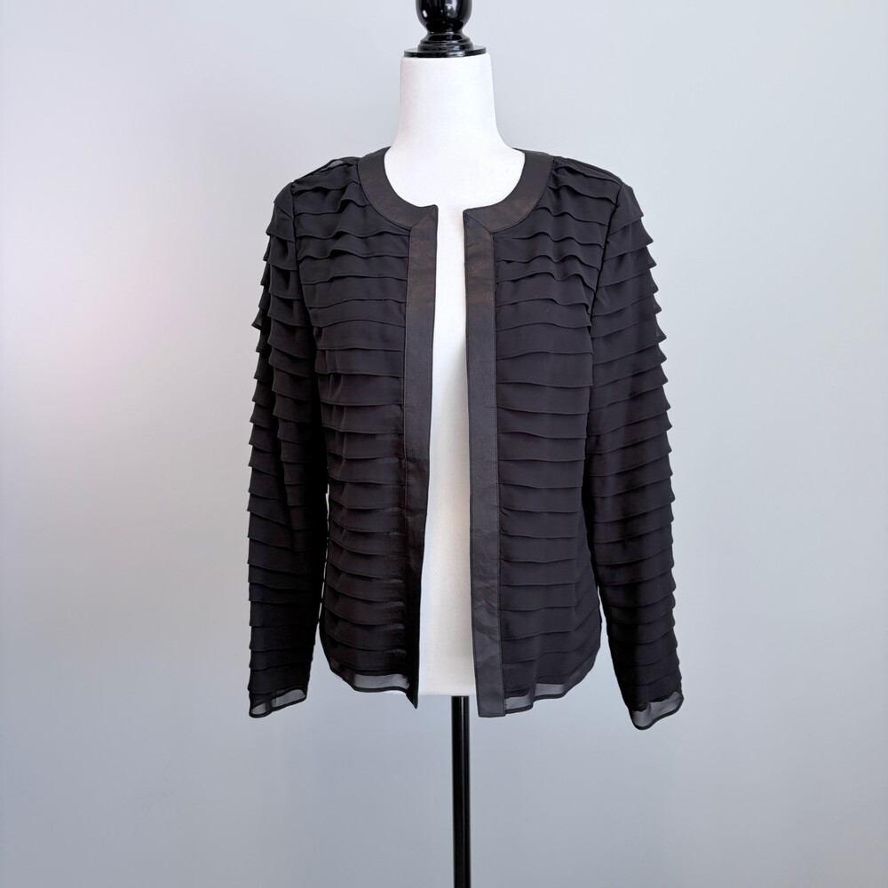 Adrianna Papell Evening Jacket Tiered Ruffles Formal Wedding Guest Black Size 6